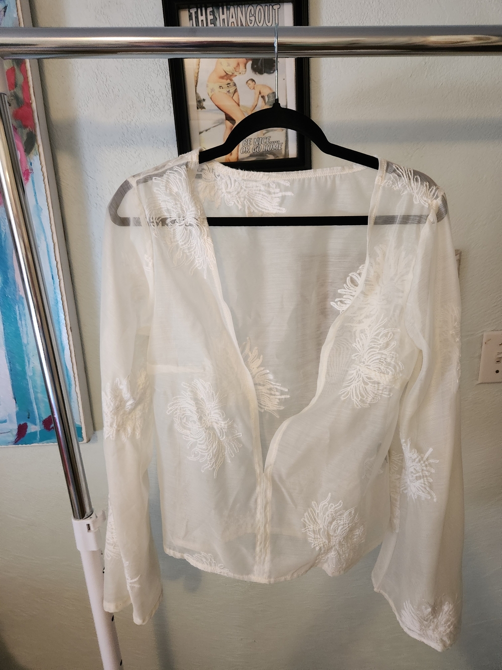 SHEIN White Sheer Floral Embroidered Long Sleeve Cover-Up